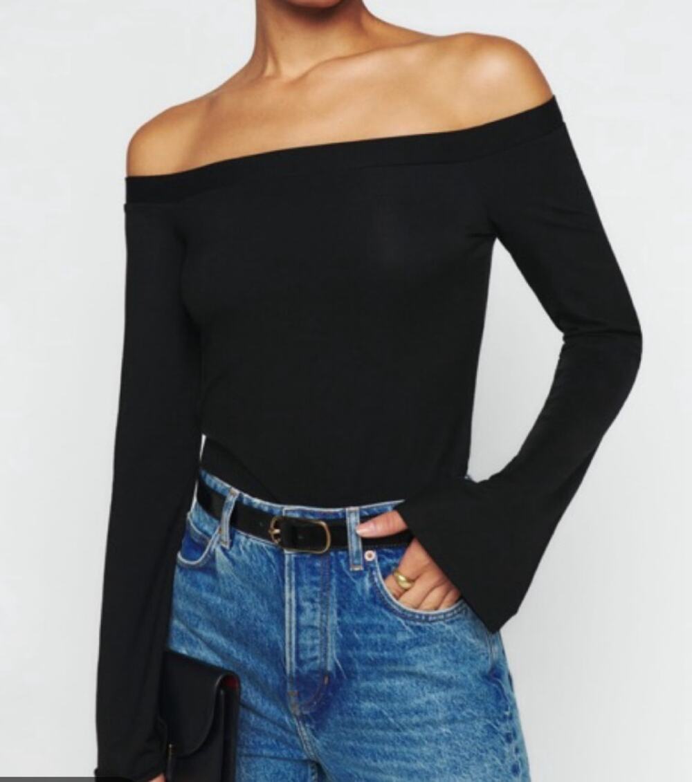 Reformation for Revolve Black Flare Sleeve Off the Shoulder Top Size L